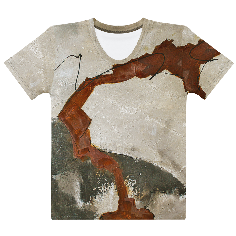 ERDKLANG Damen-T-Shirt mit abstraktem Erdtönen-Kunstdruck, hochwertig gefertigt.