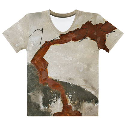 ERDKLANG Damen-T-Shirt mit abstraktem Erdtönen-Kunstdruck, hochwertig gefertigt.
