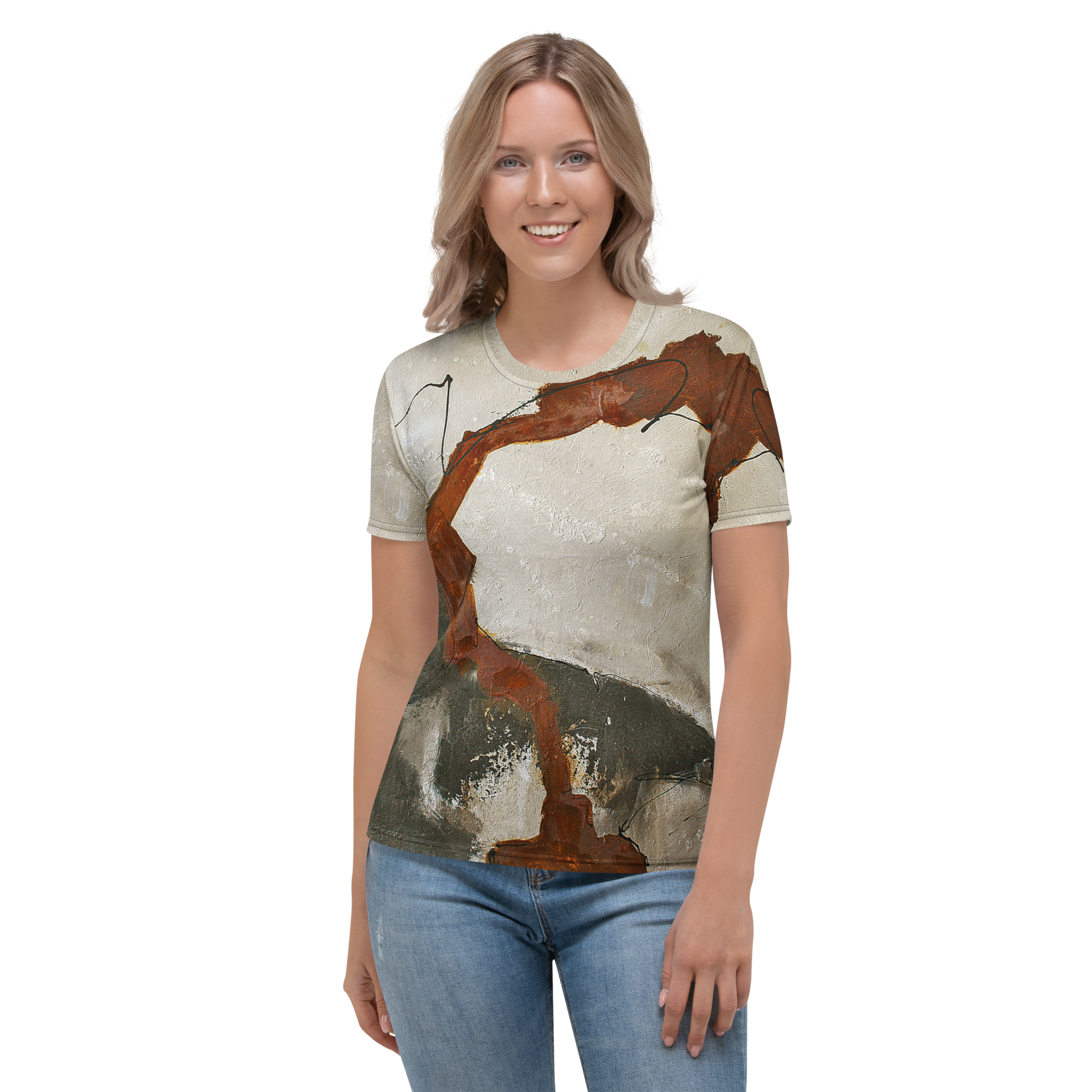ERDKLANG Damen-T-Shirt mit zeitlosem, exklusivem Design; abstraktes Baumdesign in Beige, Braun und Grün.