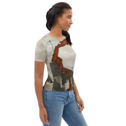 ERDKLANG Damen-T-Shirt: exklusive, zeitlose Gestaltung mit abstraktem erdigen Muster; handwerklich gefertigt.